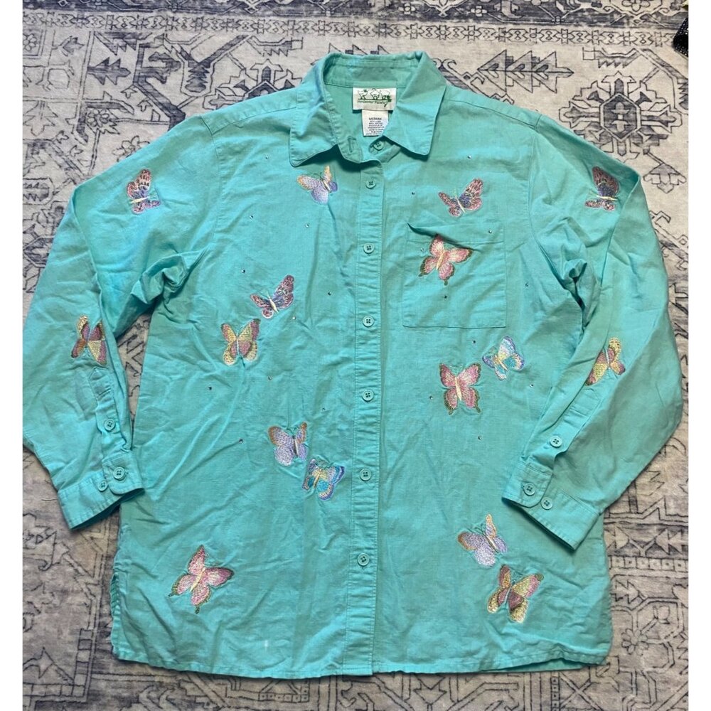 Quacker Factory Button-Up Medium Linen Shirt Blue‎ Butterfly Embroidery